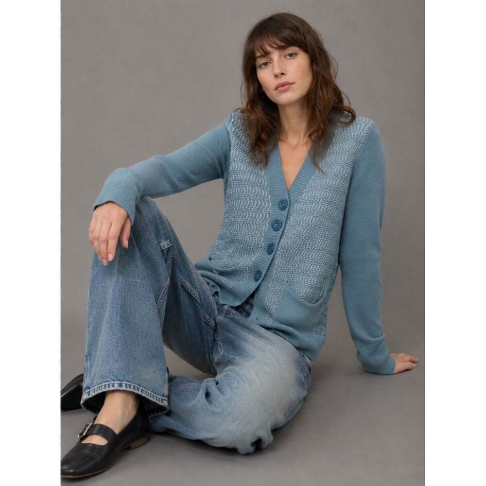 Free People Blue Wool Blend Metallic Knit Cardigan Sweater L - RUNS SMALL